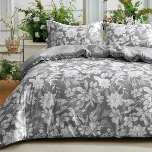 Joiedomi Queen Comforter Set Grey, 3 Pieces Floral Queen Bedding Set with 1 Soft Reversible Botanical Flower Comforter and 2 Pillow Shams, Bed in a Bag for All Seasons