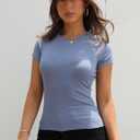 Dwnval Womens Basic Summer Short Sleeve Crewneck T Shirt Raglan Ribbed Knitted Slim Fit Casual Going Out Tops (Blue, S)