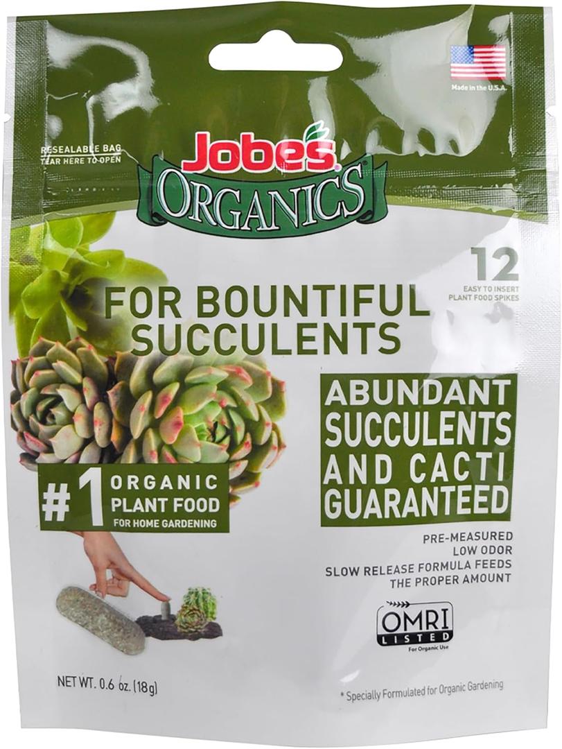Jobe's Organics Succulent Fertilizer Spikes, Easy Plant Care for Succulent, Cactus, and Aloe Vera Plants, 12 Count