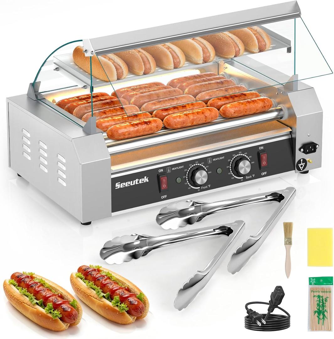 Seeutek Hot Dog Roller 7 Rollers 24 Hot Dogs Capacity 1100W Stainless Hot Dog Toaster With LED Light, Hot Dog Machine W/Dual Temp Control Glass Hood Acrylic Cover Warmer Shelf Removable Oil Drip Tray