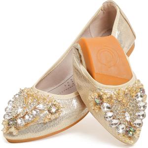 Women's Ballet Flat Shoes - Cute Rhinestones Bow Wedding Flats Slip on Flats for Women Comfort (7, Gold)