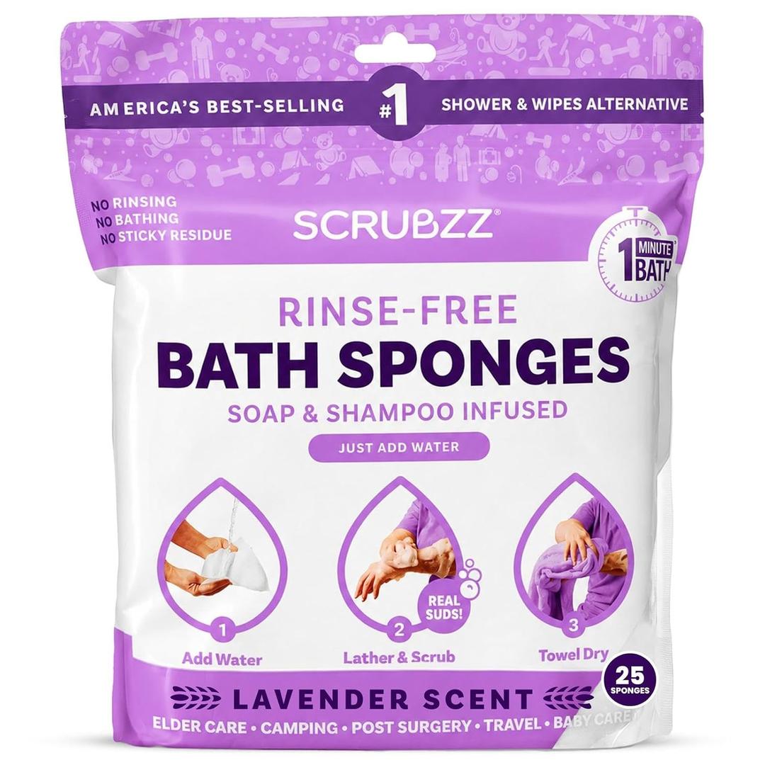 Scrubzz Disposable No Rinse Bathing Wipes  25 Pack  Allin1 Single Use Shower Wipes, Simply Dampen, Lather, and Dry Without Shampoo or Rinsing (Lavender, 1Pack)