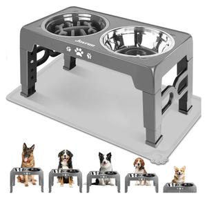 Elevated Dog Bowls, Dog Feeder with Stainless Steel Dishes & Slow Feeder Bowl, 5 Heights Adjustable Raised Stand for Medium Large, Food Dishes with Non-Slip Feet