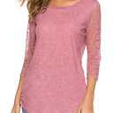 koitmy Women's 3/4 Lace Sleeve Round Neck T-Shirt Casual Blouses Tunics Tops, M