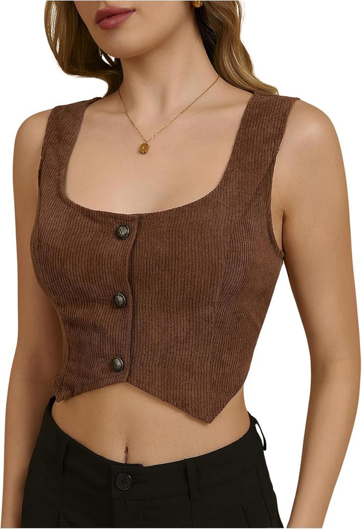 MakeMeChic Women's Corset Suit Vest Corduroy Sleeveless Scoop Neck Crop Vest Blazer Jacket (Large, Coffee Brown)