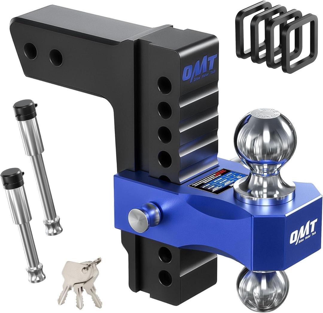 Orion Motor Tech Adjustable Trailer Hitch, Fits 2.5 in Receiver 8 in Drop & Rise Hitch, 8000-18500 GTW, Heavy Duty Aluminum Tow Hitch with Three Anti-Theft Locking Hitch Pins Class 5 Hitch Ball Mount (Black-Blue)