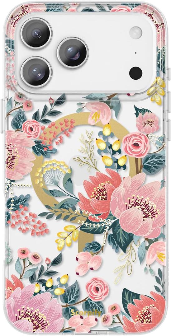 SCORPIFY for iPhone 17 Pro Max Case [Compatible with MagSafe] with Pink Epiphyllum Floral Design, Cute Clear Flower Magnetic Phone Cover for Women Girls, Slim Bumper with Gold Accents