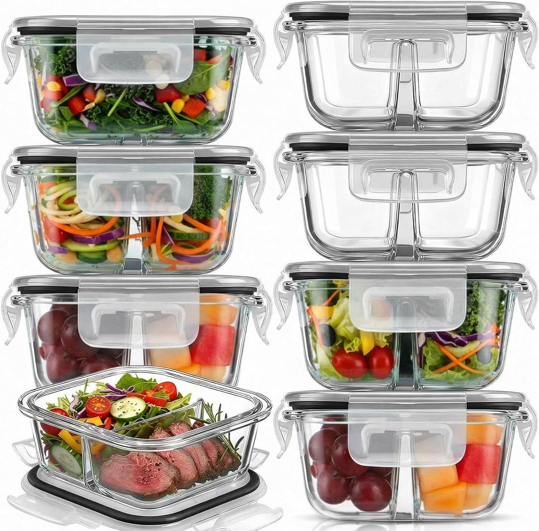 8 Pack 8 oz Bariatric Meal Prep Containers, Glass Bowl Bariatric Portion Control, Snack Food Storage Container with Two 4 oz Compartments and with Lid, Dishwasher & Microwave Safe (Black)
