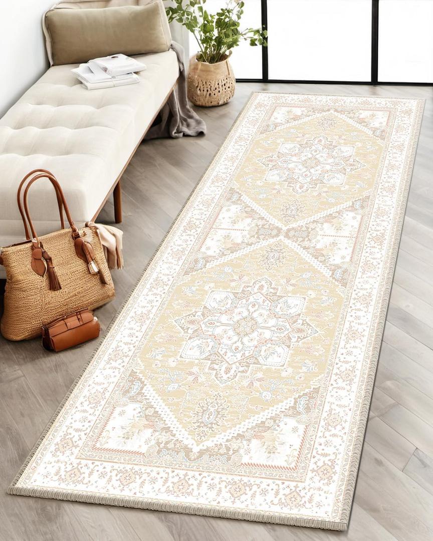 BESTSWEETIE 2x6 Area Rugs for Living Room Washable Non Slip Carpet Low Pile Soft Vintage Print Pattern Rug for Bedroom Dining Room Kitchen Entryway Indoor-Cream/Light Yellow/Brown/Blue/Red/Pink