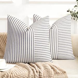 Farmhouse Pillow Covers 20x20, Modern Accent Square Throw Pillow Covers Set of 2, Navy and Beige Striped Patchwork Linen Decorative Pillows Cushion Covers for Couch Chair Bedroom Fall Decorations