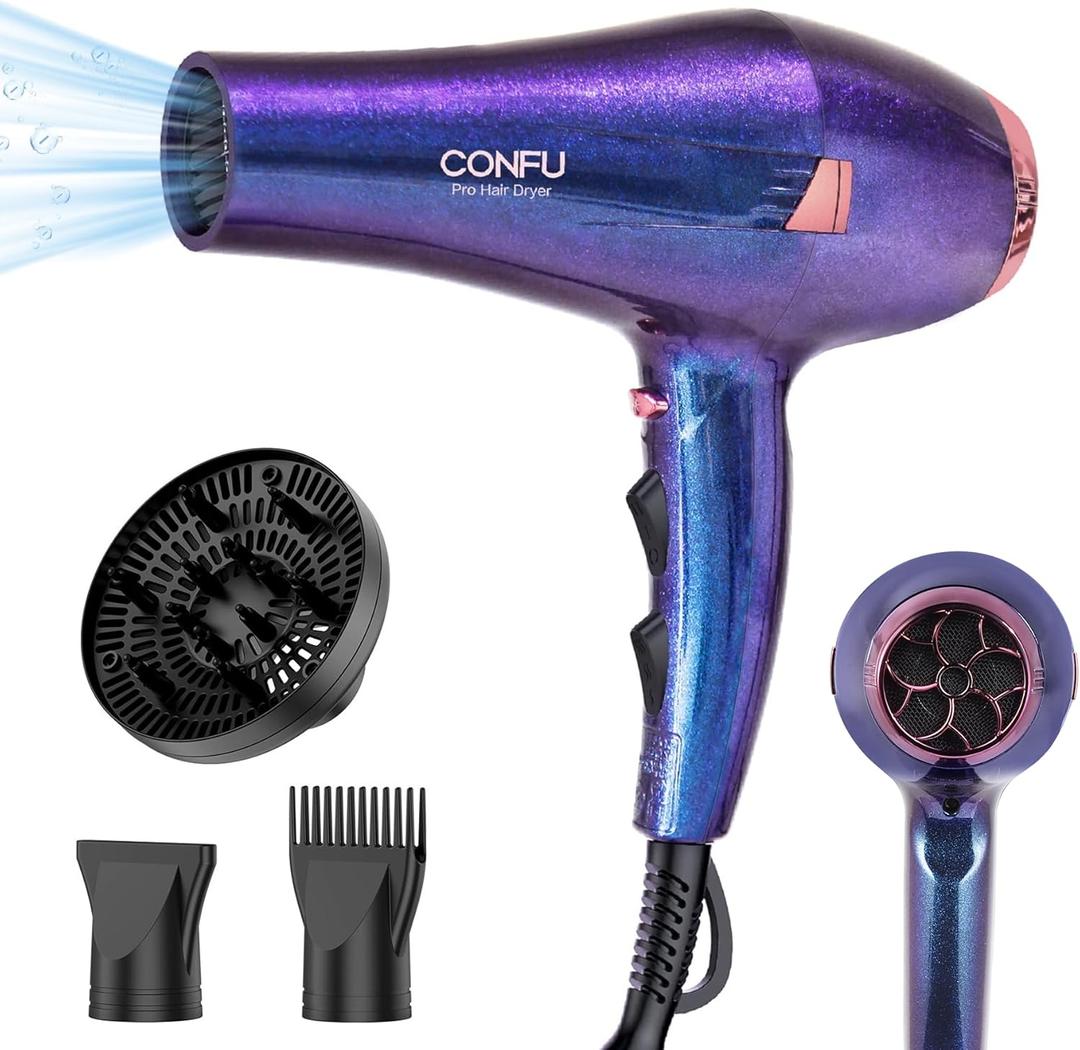 CONFU Hair Dryer Pro, Professional Ionic Salon Blow Dryer with Diffuser for Women and Men, 5X Fast Drying, Powerful and Quiet Hair Blow Dryer for Fast & Easy Styling (1875 Watts) (Purple)