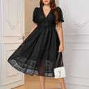 Women's Plus Size Cocktail Dress - V Neck Short Sleeve Lace Midi Dress | Semi Formal Wedding Guest Prom Attire (Large, Black)