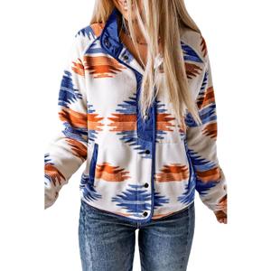 SELINK Womens Fleece Jacket Western Aztec Print Long Sleeve Snap Button Down Shacket Jackets with Pockets (Large, Royal Blue)