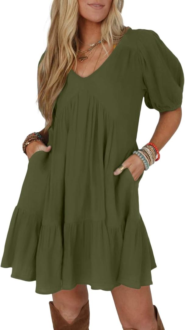 Acelitt Women's Summer Dresses 2026 Beach Casual Deep V Neck Loose Sundress Short Sleeve Mini Dress (Green, S)