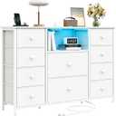 Dresser for Bedroom with 10 Drawers, White Storage Organizer TV Stand for 55" TV with LED Lights and Sockets, Fabric Chest of Drawers with PU Finish for Kid Room, Entryway, Living Room, Hallway