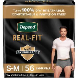 Depend Real Fit Incontinence Underwear for Men, Disposable, Maximum Absorbency, Small/Medium, Grey, 56 Count (2 Packs of 28), Packaging May Vary