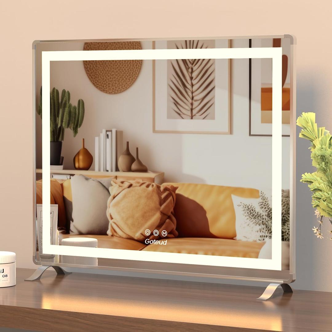 Large Vanity Mirror with Lights 24'' x 20'', Lighted Makeup Mirror with Dimmable 3 Modes for Dressing Room & Bedroom, Touch Screen Control, Aluminum Frame Silver (24 * 20)