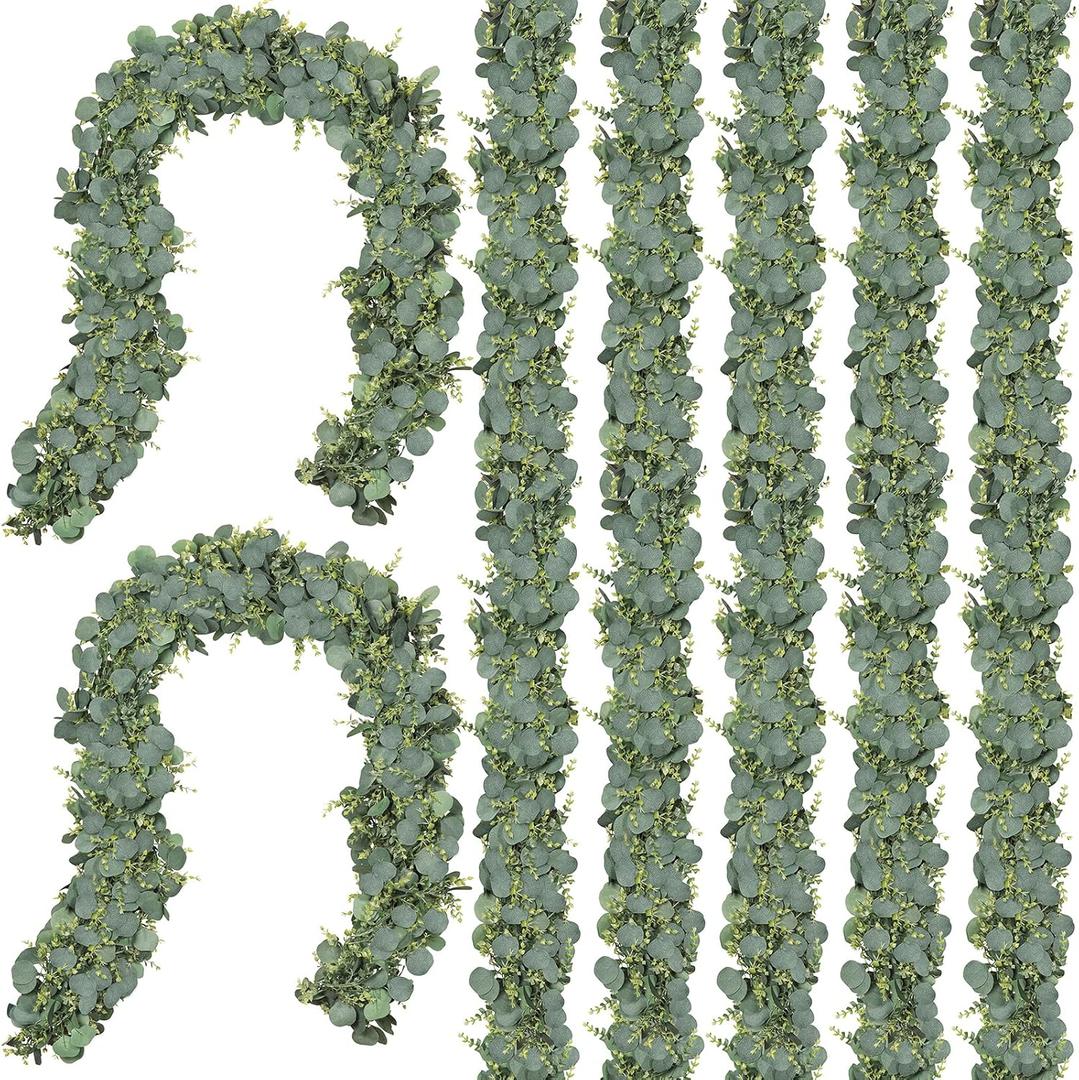 CQURE 7Pcs Eucalyptus Garland,Artificial Eucalyptus Leaves Table Greenery Garland Wreath Vines for Wedding Party Table Fireplace Bedroom Wall Room Decor (41.3 Ft)