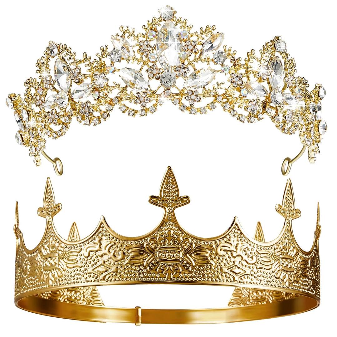 Sureio 2 Pcs King and Queen Crowns Set Antique Baroque Royalty Tiaras Costume Accessories for Halloween Couple Cosplay, Birthday Wedding Prom Party(Elegant Style)