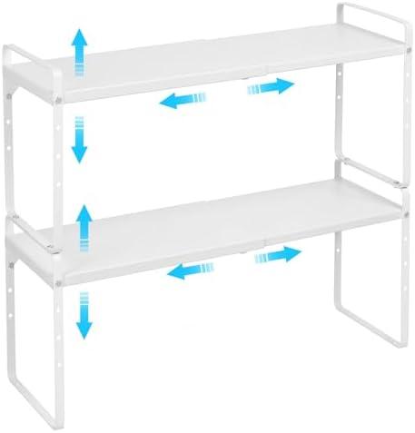 15.5 to 25.5 Inch Expandable Kitchen Cabinet Organizer Shelf, 30 LBS Heavy Duty Stackable Kitchen Counter Storage Shelves Organizers, 2 Pack Adjustable Small Storage Shelf Rack for Cabinet Cupboard
