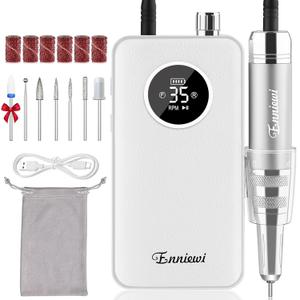 Nail Drill Professional 35000RPM, Cordless Electric Nail File Drills para Uas, Portable Rechargeable E File 7 Bits Manicure Pedicure Kit for Acrylic Nails Gel Remover Salon Home Tools, White