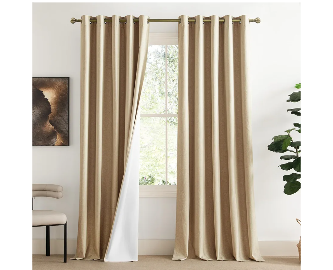 NICETOWN 100% Blackout Camel Linen Curtains 102 Inches Length with Thermal Insulated Liners, 2 Panels, 62 Inches W, Farmhouse Style Room Cooling Small Window Draperies for Dining Room