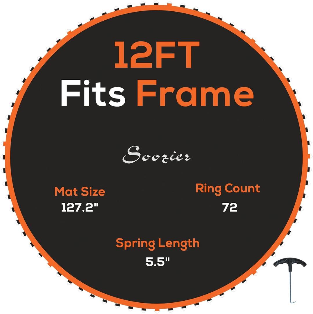 Soozier Trampoline Replacement Mat, Fits 12' Trampoline with 72 V Hooks, 5. 5" Springs, Trampoline Mat with 8 Rows of Stitching, Spring Pull Tool Spring, Frame not Included (Orange)