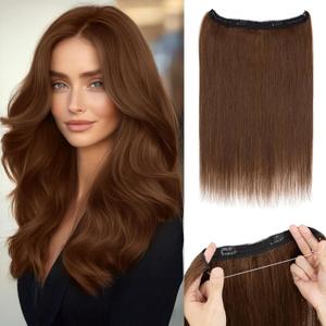Halo Hair Extensions,Prokyvity Halo Hair Extensions Real Human Hair,Invisible Adjustable Wire Extensions for Seamless Blending 18 inch/65g Mid-Tone Brown