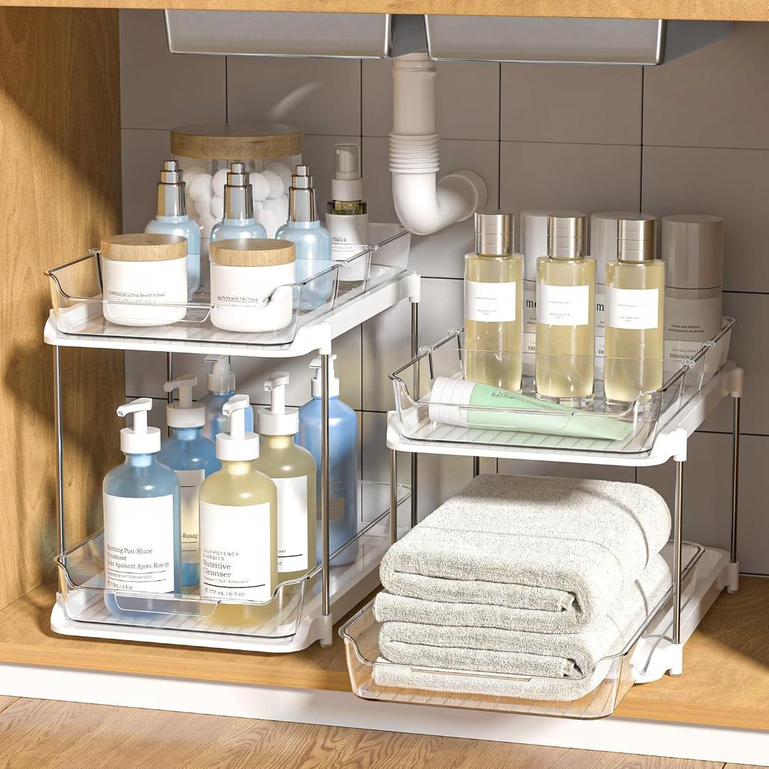Delamu 2-Tier Multi-Purpose Bathroom Under Sink Organizers and Storage, Stackable Kitchen Pantry Organization, Pull Out Medicine Cabinet Organizer with Movable Dividers, White, 2 Pack