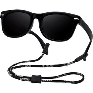 Kids Flexible Polarized Sunglasses for Boys Girls with Strap Age 3-10 Years Old (Black) 