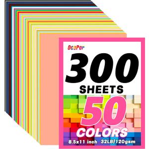 OcePor 300 Sheets Colored Cardstock 50 Colors, 8.5x11 Color Cardstock Bulk, 120gsm/32lb Assorted Colors Construction Paper for Printing, Card Making, Die Cutting, Crafts, Scrapbooking, Party