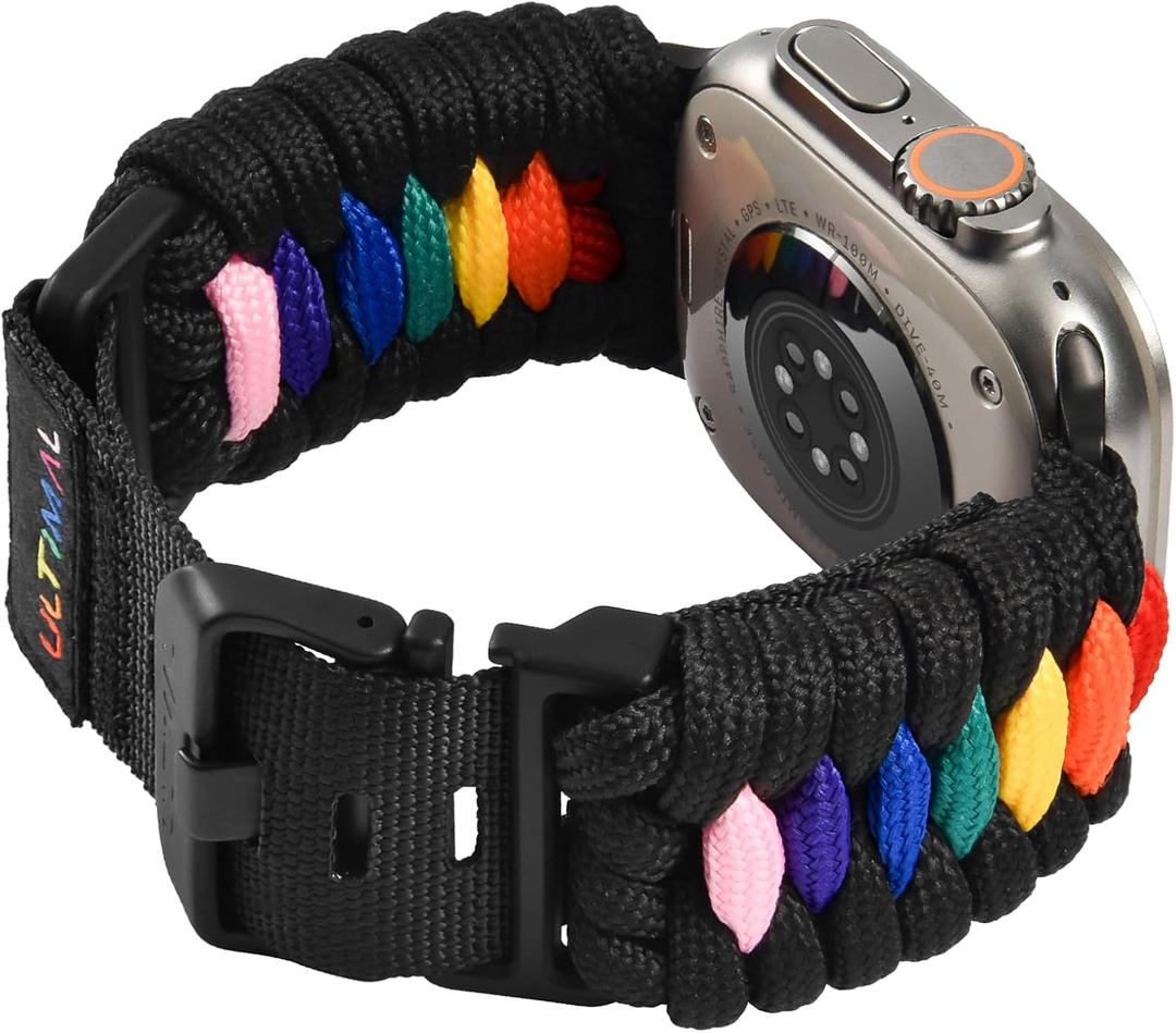 ULTIMAL Paracord Band Compatible with Apple Watch for 49mm, Braided Strap Design for Men Outdoors (Black/Rainbow, 42/44/45/49MM)