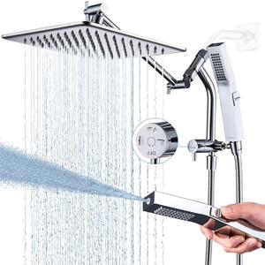 G-Promise All Metal 10 Inches Rain Shower Head with Handheld Built-in Power Wash Mode, 3-way Diverter with Pause Setting, 11 Inches Adjustable Extension Arm with Lock Joint, Long Hose (Chrome)