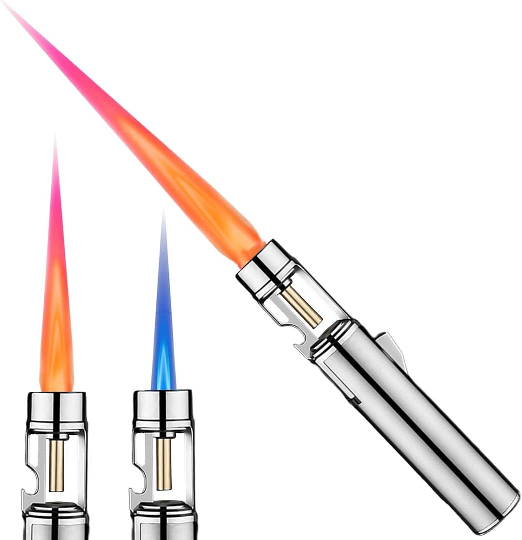 Torch Lighter, Butane Refillable Multifunction Straight Flame Bright Lighter Windproof Adjustable Color with Safety Lock Jet Lightsaber Flame for Outdoor, Campfires, BBQ, Candles, Camping (Silver)