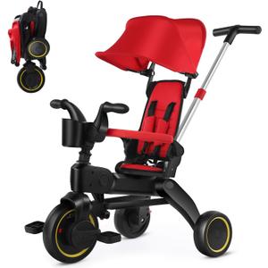 Baby Tricycle,5 in 1 Compact Folding Toddler Bike w/Removable Push Handle,Foldable Tricycle for 1-3 Year Old,Canopy,Safety Harness,Storage Hanging Bag,Tricycle for Toddlers Girls and Boys (Red)