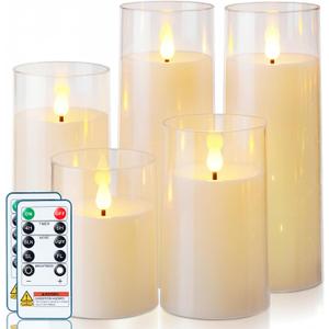 Homemory Ivory White Flickering Flameless Candles, Battery Operated Acrylic LED Pillar Candles with Remote Control and Timer, Set of 5
