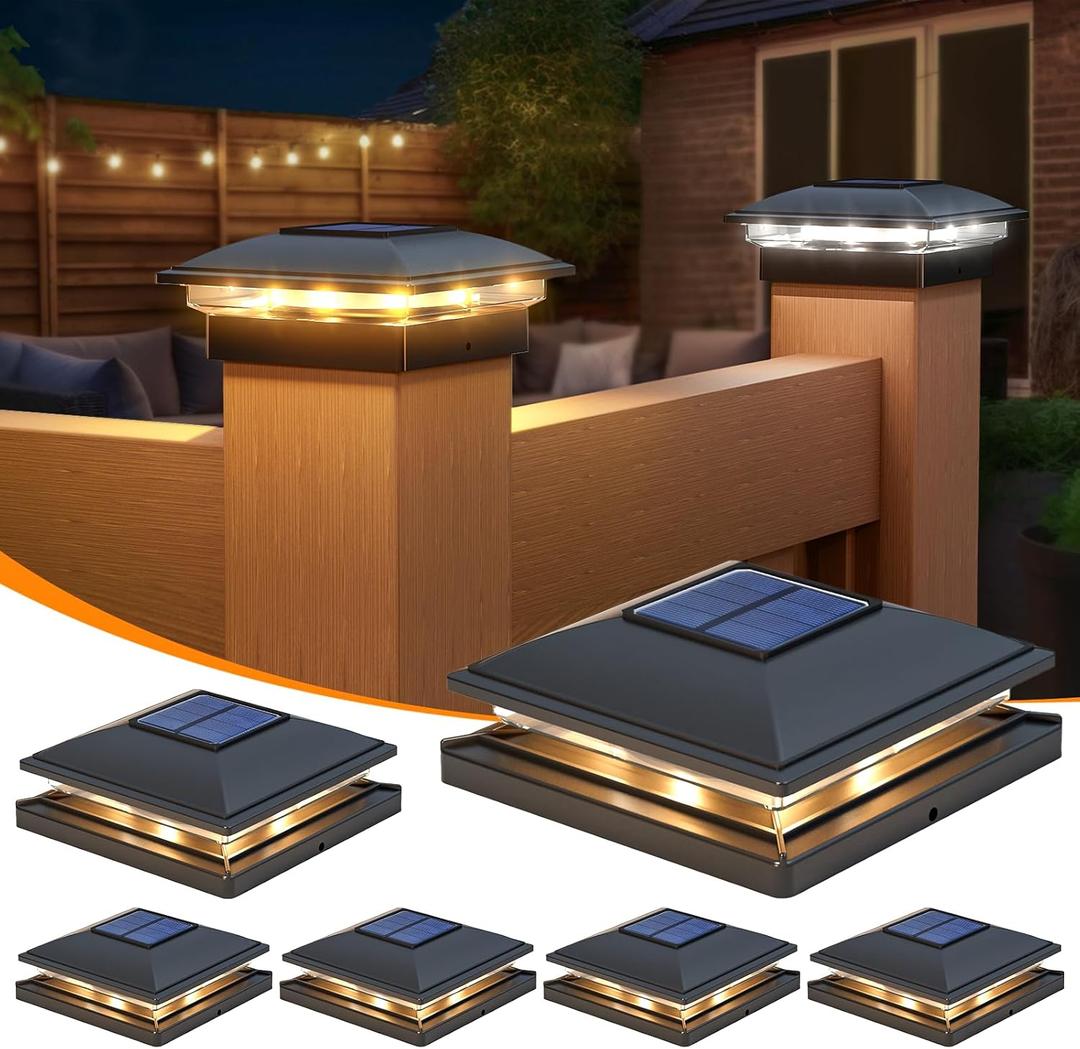 APONUO 6 Pack Fence Post Solar Lights, 2 Modes(Warm/Cool Light) Outdoor Waterproof 4x4 Post Solar Lights, Solar Powered Garden, Patio, Deck Decor for 4x4, 5x5, 5.5x5.5 Wood & Vinyl Posts, Black