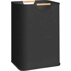 STORAGE MANIAC Large Laundry Hamper, 80L (21.1 Gal) Collapsible Laundry Basket with Bamboo Handles, Freestanding Waterproof Clothes Hamper for Laundry Room, Bedroom, Dorm, Towels, Toys, Black