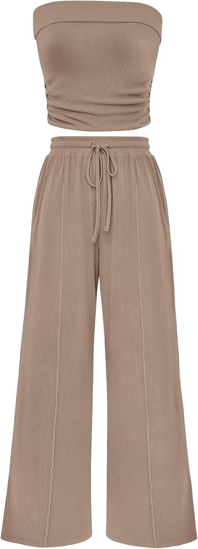 PRETTYGARDEN 2 Piece Sets for Women Spring Summer Outfits | Ribbed Knit Crop Tube Top & Wide Leg Pants,Comfy Matching Lounge Set,Trendy Y2K,Resort Wear,Airport Travel Vacation Outfits (S)