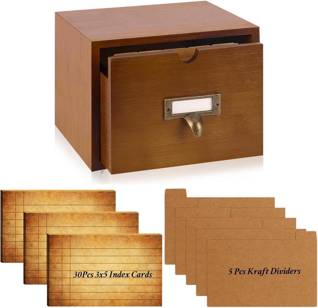 DLUGOPIS 3x5 Index Cards Holder Wood Index Card Organizer Box Flash Card Holder Recipe Cards Holder with Drawer 30 Pcs Vintage Library Cards 5 Kraft Dividers For Gifts Cards Home Office