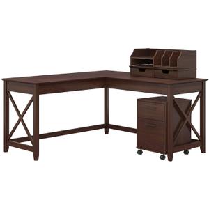 Bush Furniture Key West 60W L Shaped Desk with Mobile File Cabinet and Desktop Organizers, Bing Cherry