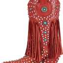 sexytag Fringe Cowboy Boots Rhinestone Embellishments Mid Calf Cowgirl Boots Turquoise Flower Studded Western Booties, 10, Red