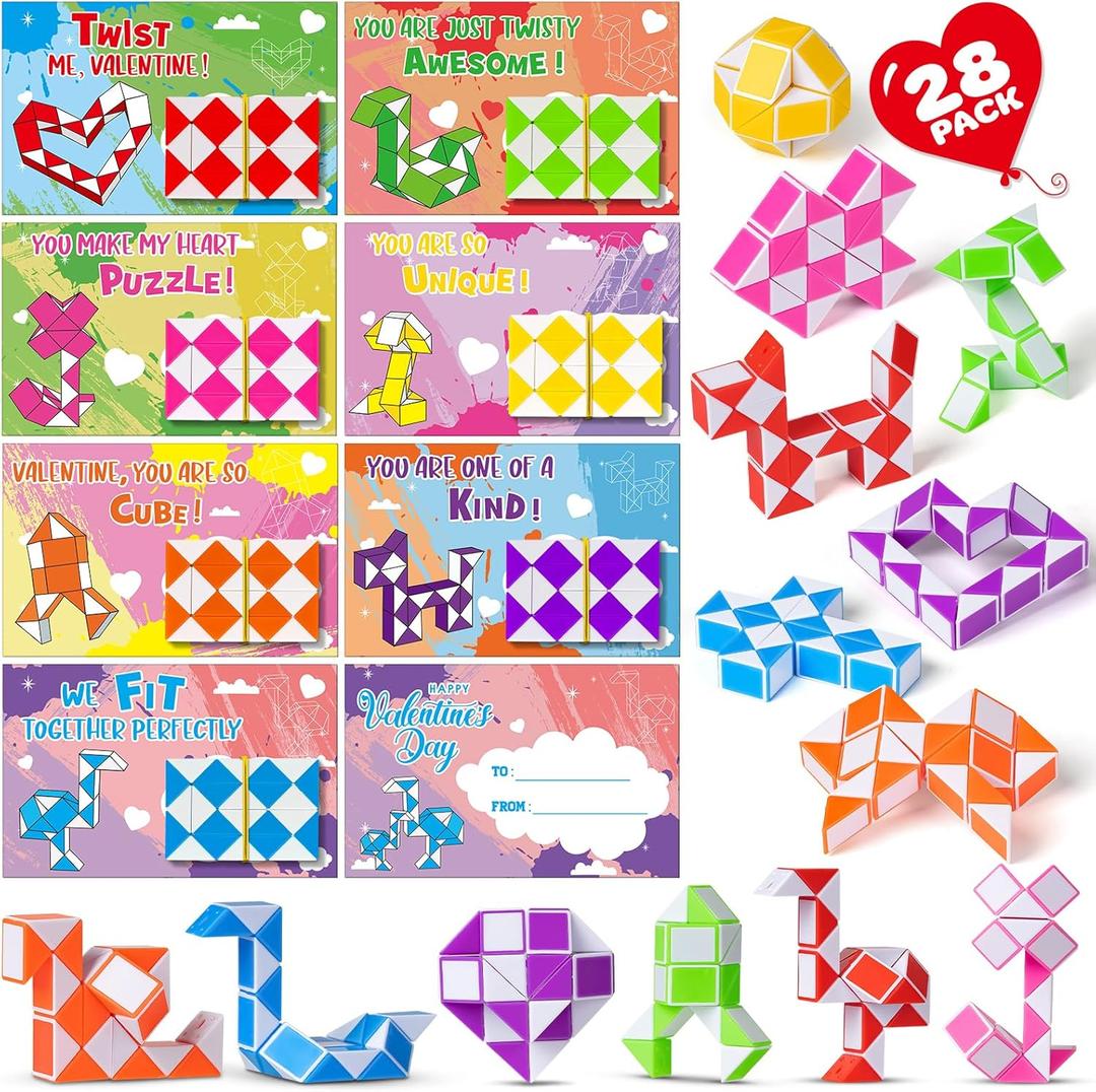 Valentines Cards for Kids Classroom, 28 Packs Mini Twist Puzzle Snake Cube Toys with cards, Ideal Kids Exchange Gifts for School, Perfect Valentines Party Favors for Kids Boys Girls