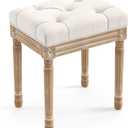 LUE BONA Upholstered Fabric Vanity Bench Seat, Makeup Stools for Vanity, Square Tufted Ottoman Bench with Carved Wood Color Legs for Bedroom Living Room, Beige (Beige and Wood)