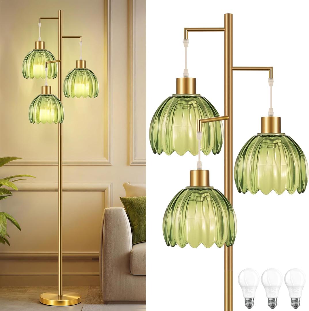 COTTHOS Gold Floor Lamp for Living Room, Modern Standing Lamp Brass Glass Green Tree 3 Light Tall Floor Lamps for Bedroom & 800 Lumens LED Bulbs, Vintage Flower Lamp Shade Farmhouse Boho Bohemian