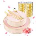 LIYH 180 Pcs Pink Plastic Plates - Disposable Dinnerware Set, Pink Dinner Plate Dessert Plate,Gold Plastic Silverware Cups for Weddings,Birthday Party 30 Guests