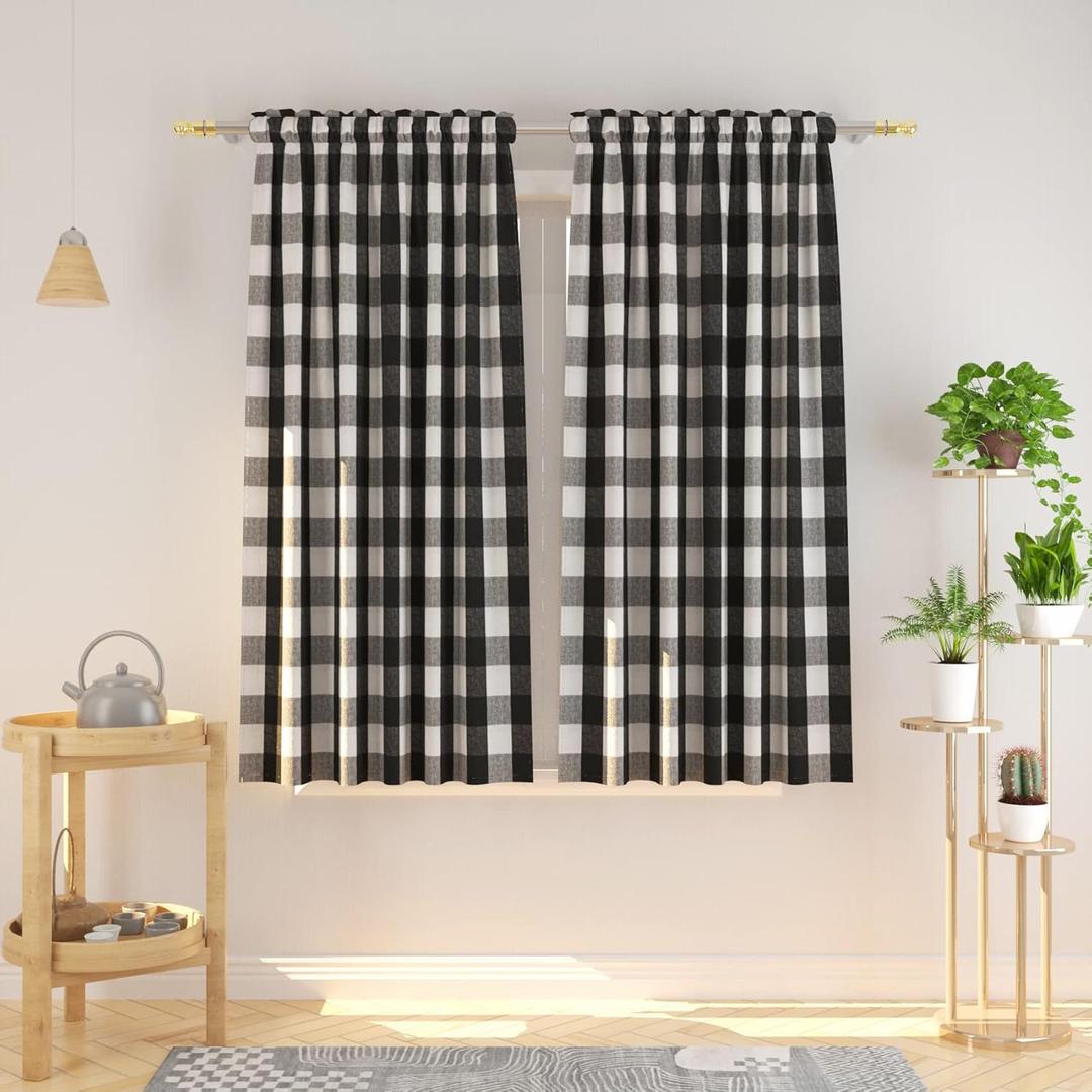 Black White Buffalo Gingham Checkered Curtain Panels 63 inches Long Living Room Drapes Plaid Checker Kitchen Bedroom Window Treatment Set 2 Panels Rod Pocket