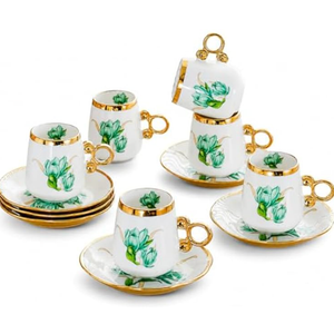 Porcelain Tea Cups and Saucers Set with Gold Trim - Elegant Green Floral Coffee Cups, Luxury Tea Party Set, Wedding Gift (Green 100ml 6 cups 6 plates)