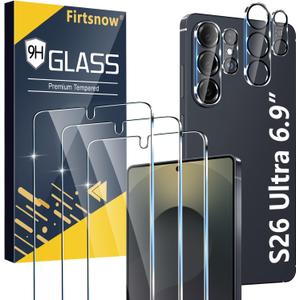 firtstnow 3 Pack for Samsung Galaxy S26 Ultra Screen Protector Tempered Glass + 3 Pack Camera Lens Protector, Military Grade Shatterproof, 9H Hardness, Fingerprint Unlock, Case Friendly 6.9 Inch