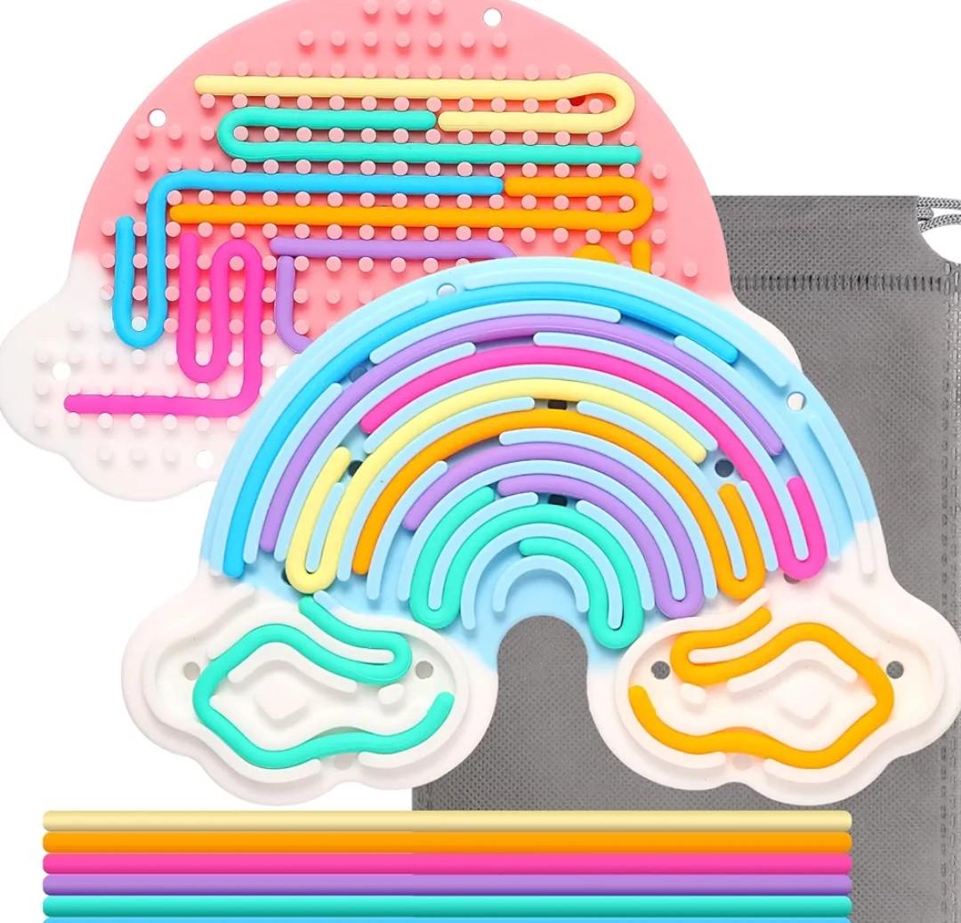 Hongvkae 2pcs Fidget Toys Sensory Activity Board, Silicone Sensory Toys for Anxiety Autistic ADHD Calming, Kids 3+ & Adults, Travel Bag & 24 Strings, Rainbow (Pink & Blue)